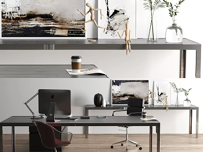 Modern Work Desk Setup with Computer Desk Lamp Coffee Cup and Wall Art 3d model