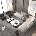 Modern Beige Fabric Sofa And White Coffee Table Set With Area Rug And Wall Art