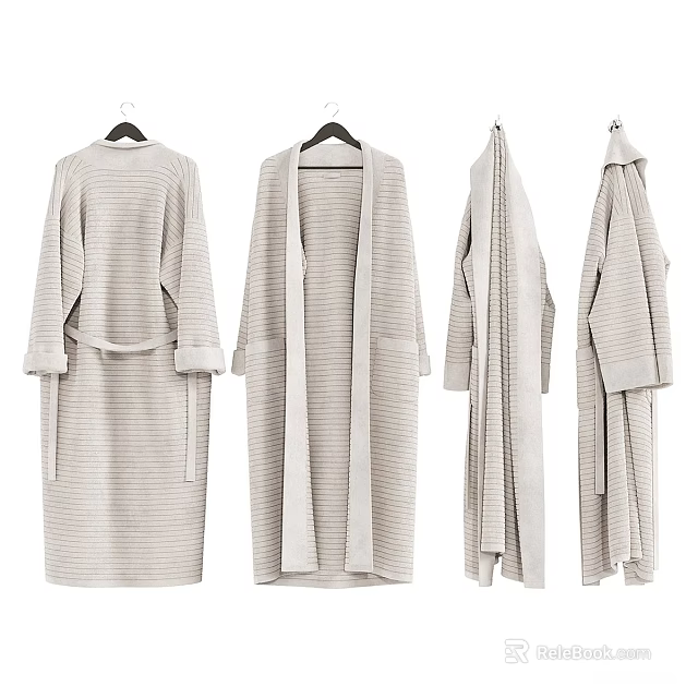 Beige Striped Long Robes In Different Styles Hanging On Hangers Displayed From Various Angles 3d model 