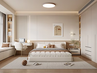 Modern Minimalist Bedroom Interior With Beige Bed Wardrobe Desk Artwork And Lighting 3d model