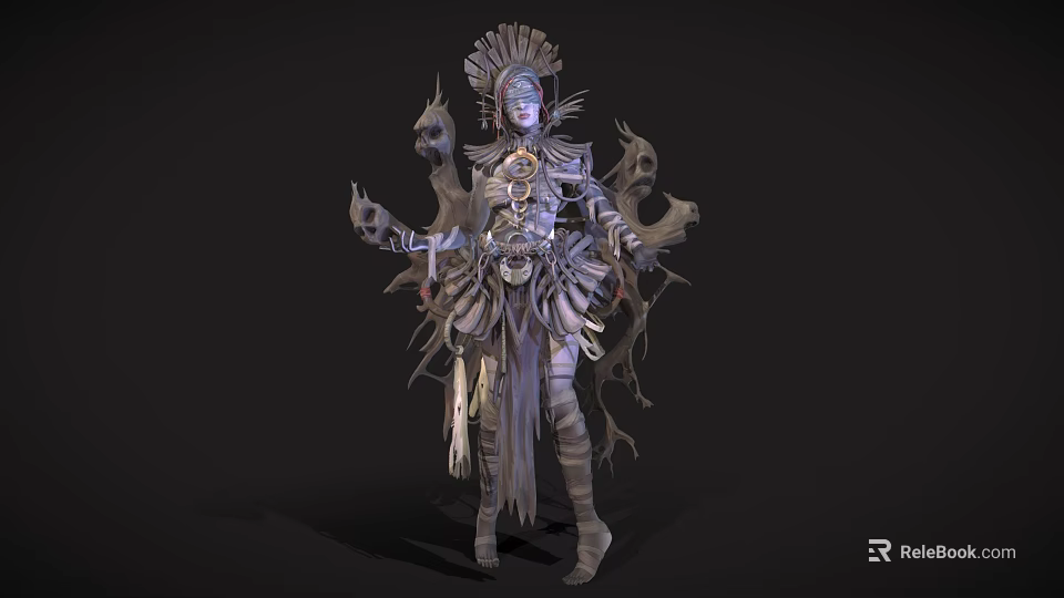 Fantasy Game Movie Character With Elaborate Headdress Multiple Arms And Ornate Metallic Costume 3d model 