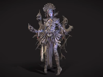 Fantasy Game Movie Character With Elaborate Headdress Multiple Arms And Ornate Metallic Costume 3d model