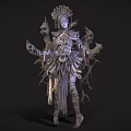 Fantasy Game Movie Character With Elaborate Headdress Multiple Arms And Ornate Metallic Costume