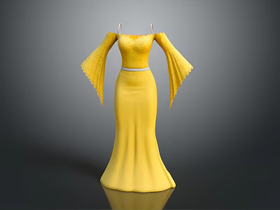 Elegant Yellow Off Shoulder Long Dress With Flared Sleeves And Waist Belt 3d model