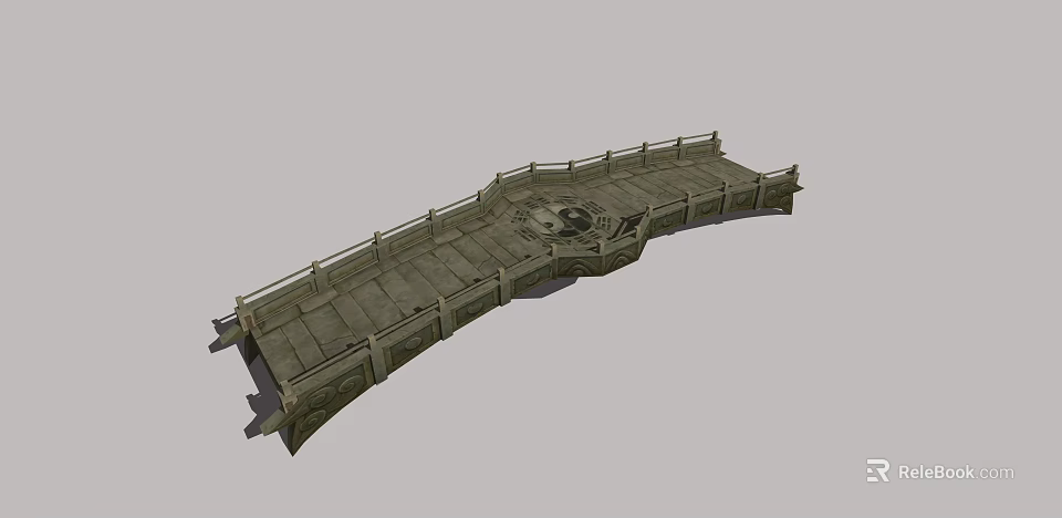 Traditional Wooden Bridge with Curved Structure Ornate Railings and Decorative Patterns 3d model 