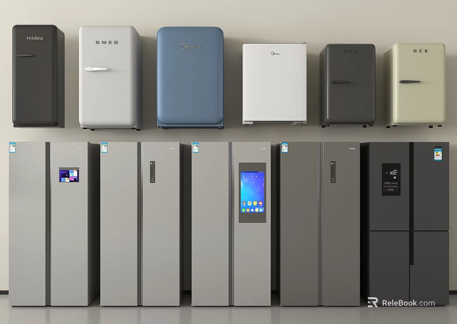 Modern Refrigerators and Freezers in Different Styles Various Colors Sleek Designs and Digital Screens 3d model 