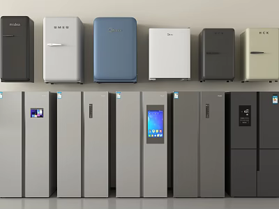 Modern Refrigerators and Freezers in Different Styles Various Colors Sleek Designs and Digital Screens 3d model