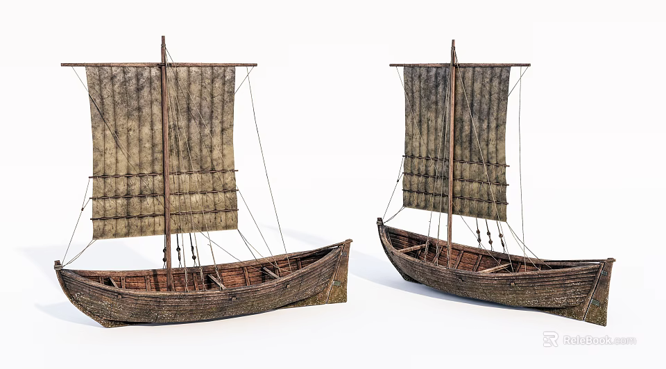 Vintage Wooden Boats With Traditional Canvas Sails And Classic Hulls Isolated On White Background 3d model 
