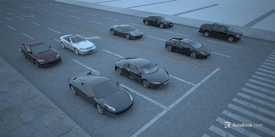 Various Cars Parked In Parking Lot With Different Colors And Styles 3d model 