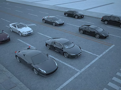 Various Cars Parked In Parking Lot With Different Colors And Styles 3d model