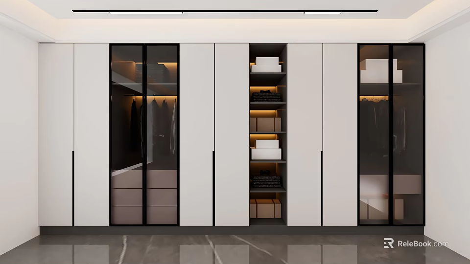 Modern Wardrobe Interior Design With Glass Doors Hanging Areas Drawers And Folded Clothes Storage 3d model 