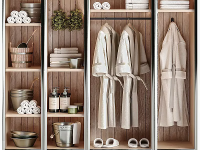 Organized Locker Storage With Hanging Robes Stacked Towels Toiletries Baskets Slippers And Green Plant Decor 3d model