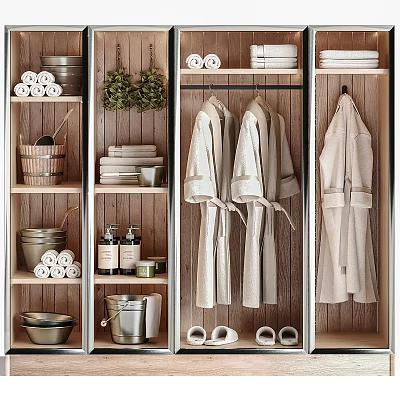 Organized Locker Storage With Hanging Robes Stacked Towels Toiletries Baskets Slippers And Green Plant Decor 3d model