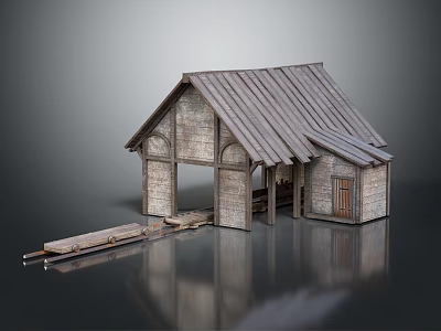 Rustic Stone Cottage With Gabled Wooden Roof Stone Walls And Wooden Plank Platform 3d model
