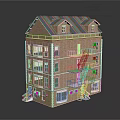 Multi Story Brick Residential Building With Gray Roof Windows And Fire Escape Stairs