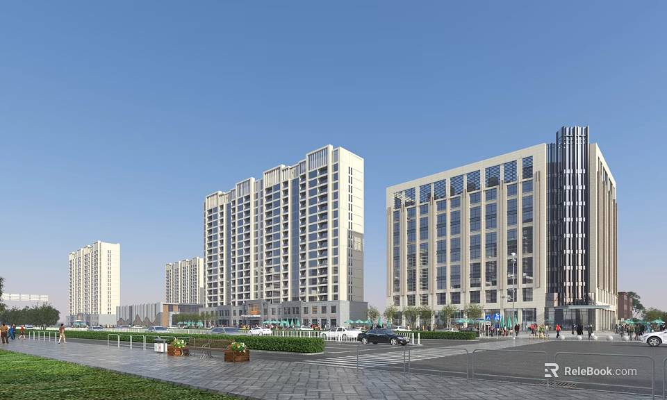 Vibrant Modern Commercial Street With Tall Buildings Plaza Vehicles Pedestrians And Greenery 3d model 