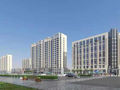 Vibrant Modern Commercial Street With Tall Buildings Plaza Vehicles Pedestrians And Greenery 3d model