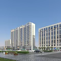 Vibrant Modern Commercial Street With Tall Buildings Plaza Vehicles Pedestrians And Greenery