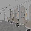 Modern Hair Salon Interior Featuring Styling Chairs Round Mirrors Hanging Lights And Product Shelves