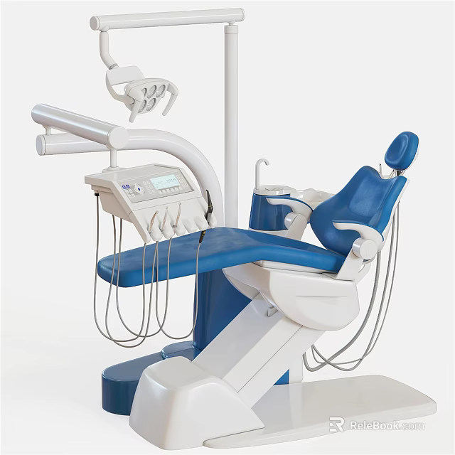 Modern Blue And White Dental Chair With Medical Instruments And Control Panel 3d model 