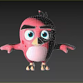 Pink Cartoon Bird Featuring Big Blue Eyes Black Eyebrows Spread Wings on White Background