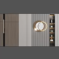 Modern Sofa Background Wall Design With Wooden Panels Circular Ring Light And Built In Shelves