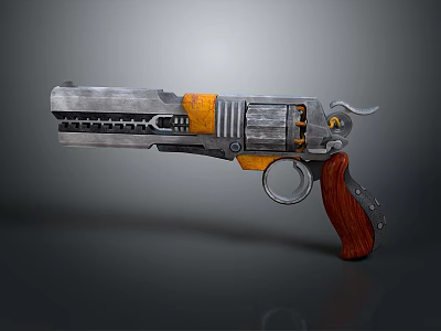 Vintage Silver And Orange Revolver With Wooden Grip And Mechanical Metal Parts 3d model