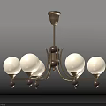Vintage Brass Chandelier with White Spherical Shades and Wooden Accents for Classic Interior Decoration