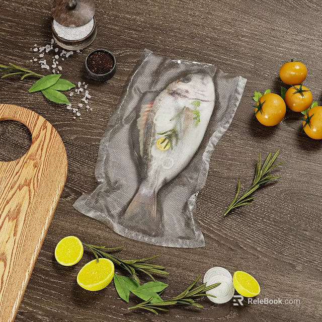 Fresh Vacuum Sealed Fish with Lemon Slices Rosemary Tomatoes Salt Pepper on Wooden Cutting Board 3d model 