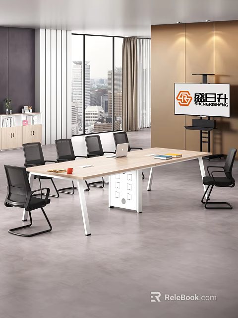 Modern Conference Room With Long Wooden Table Black Office Chairs Laptop And City View Windows 3d model 