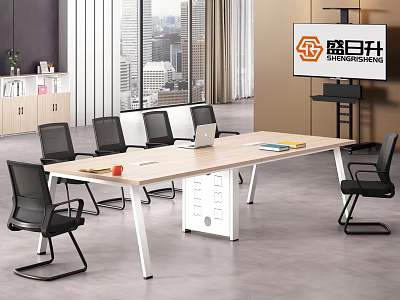 Modern Conference Room With Long Wooden Table Black Office Chairs Laptop And City View Windows 3d model