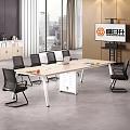Modern Conference Room With Long Wooden Table Black Office Chairs Laptop And City View Windows