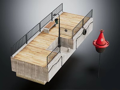 Concrete Column Structure With Wooden Deck Black Railings And Red Buoy 3d model