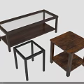 Dark Wooden Coffee Table and Black Metal Frame Side Tables with Glass Top