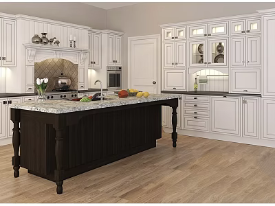 Modern Kitchen Interior With White Cabinets Dark Wooden Island And Marble Countertop 3d model