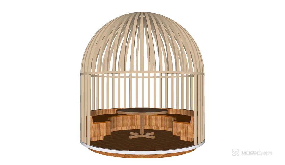 Birdcage Shaped Public Chair With Wooden Curved Frame And Circular Seats 3d model 