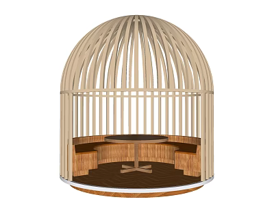 Birdcage Shaped Public Chair With Wooden Curved Frame And Circular Seats 3d model