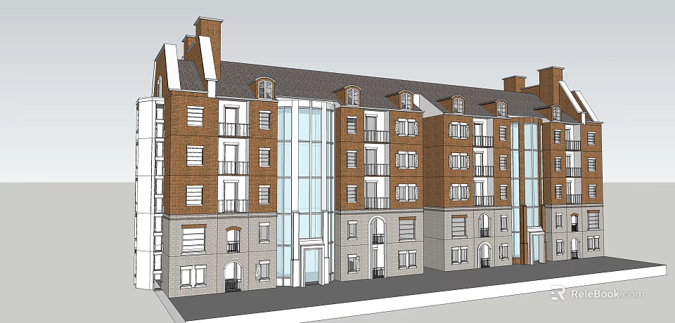 Traditional Modern Multi Storey Apartment Building With Red Brick Facade Windows And Balconies 3d model 