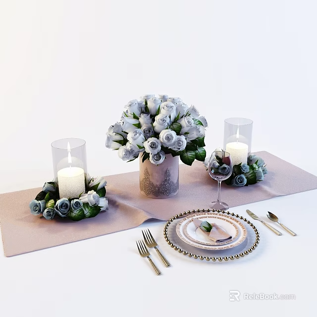 Tableware Set with Decorative Plate Floral Arrangement Candle Holders Napkin and Cutlery on Beige Tablecloth 3d model 