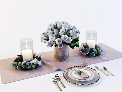Tableware Set with Decorative Plate Floral Arrangement Candle Holders Napkin and Cutlery on Beige Tablecloth 3d model