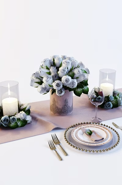 Tableware Set with Decorative Plate Floral Arrangement Candle Holders Napkin and Cutlery on Beige Tablecloth 3d model