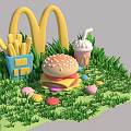 McDonalds Themed Fast Food Display With Burger Fries Milkshake And Colorful Eggs On Green Grass