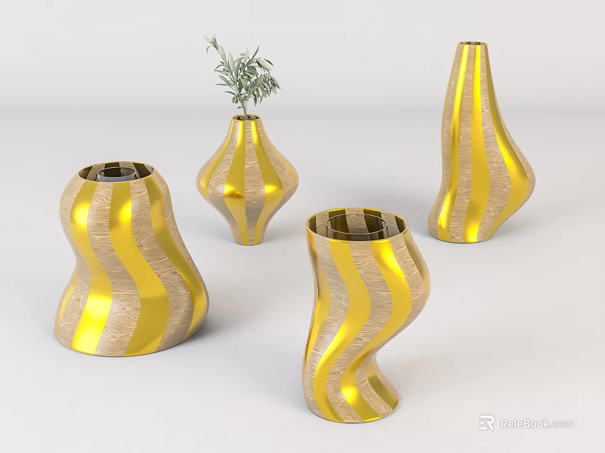 Modern Decorative Vases With Gold Wooden Stripes And Green Plant On White Background 3d model 