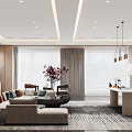 Modern Open Living Dining Room Interior With Sofa Dining Table Display Shelves And Pendant Lights