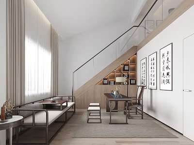 Modern Study Room Interior With Wooden Staircase Built-in Bookshelves Calligraphy Artworks And Natural Light 3d model