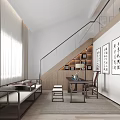 Modern Study Room Interior With Wooden Staircase Built-in Bookshelves Calligraphy Artworks And Natural Light