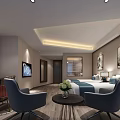 Modern Hotel Guest Room With Twin Beds Large Window City View And Decorative Paintings