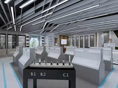 Modern Stone Exhibition Showroom With Display Counters LED Strip Lights And B1 B2 C1 Sections 3d model