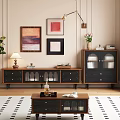 Wooden TV Stand With Glass Doors Black Drawers Table Lamp And Wall Art