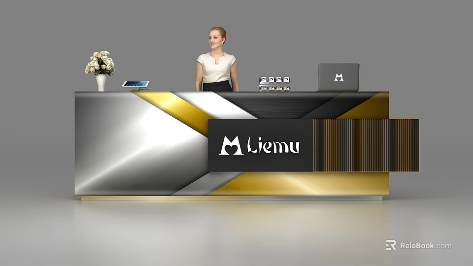 Modern Silver And Gold Reception Desk With Liemu Logo Receptionist Vase And Devices 3d model 